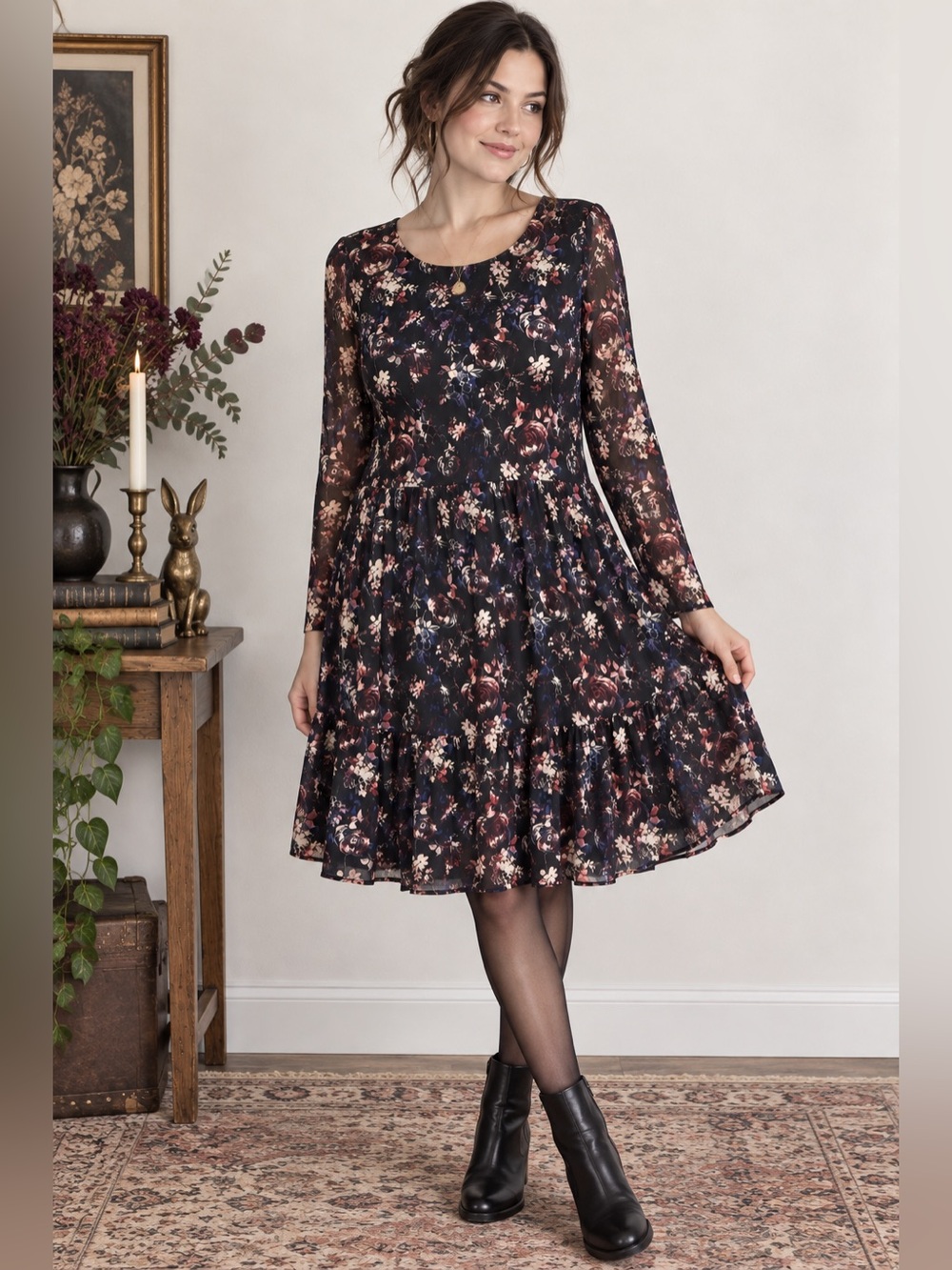 Whimsigoth Dark Floral Mesh Fit & Flare Knee Length Dress 2X